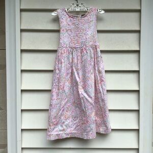 Laura Ashley Dress Girls Sz 6 Pink Green Sleeveless Smocked Dots Lined Tie Sash